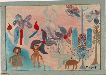 Mose Tolliver. Mose With Wife In Flowers.: Mose Tolliver. Mose With Wife In Flowers. Very early piece. Paint on masonite. Signed. Stamp on verso from Jay Johnson Gallery. 34” w x 24”. Provenance: The Leo Rabkin Collection gifted to the Hig