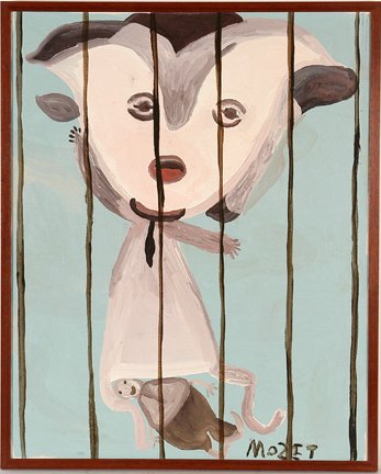 Mose Tolliver. Erotic Couple Behind Bars.: Mose Tolliver. Erotic Couple Behind Bars. c. 1970’s-80’s. Oil on canvas. Signed. Excellent condition. 25” w x 31”h with frame. Est. $1,000-2,000. Ship: $55