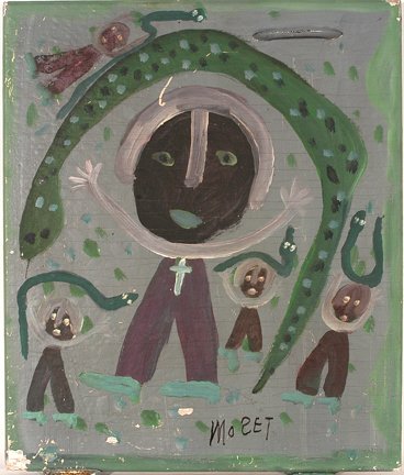 Mose Tolliver. Snake Handlers.: Mose Tolliver. Snake Handlers. Paint on found wooden Cabinet door. Signed. Some paint loss in lower left, otherwise good condition. 17” w x 20” h. Provenance: Ginger Young Gallery. Est. $800-1,200