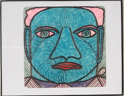 Ted Gordon. Blue Face.: Ted Gordon. Blue Face. 1992. Ink and marker on paper cardstock. Signed and dated. Excellent condition. Image is 9.5” w x 9.5”h. Frame is 14” w x 11”h. Est. $300-500. Ship: $35