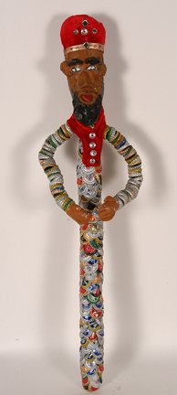 Mr. Imagination. Royal Figure Staff.: Mr. Imagination. Royal Figure Staff. 2006. Bottle cap and mixed media on wood. Signed and dated on back. Minor separation in putty head, otherwise great condition. 33”h. Provenance: The George and S