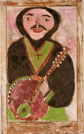 Jimmy Lee Sudduth. Banjo Player.: Jimmy Lee Sudduth. Banjo Player. c. 1986. Paint and mud on masonite cabinet door with original frame. Signed. Minor paint flake on edge, otherwise excellent condition. Size with frame is 23” w x 38�