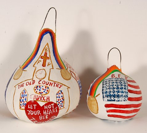 B.F. Perkins. Pair of Painted Gourds.: B.F. Perkins. Pair of Painted Gourds. Paint on gourds, decorated all the way around. Signed. Excellent condition. Tallest is 14” h. Provenance: The George and Sue Viener Collection. Est. $100-200. S