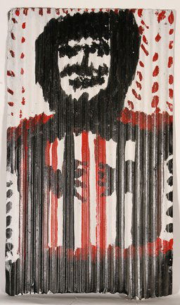 Mary T. Smith. Figure In Red and Black.: Mary T. Smith. Figure In Red and Black. Paint on corrugated tin. Signed on verso. Excellent condition. Strange image. 26” w x 44”h. Est. $1,000-1,500. Ship: $85