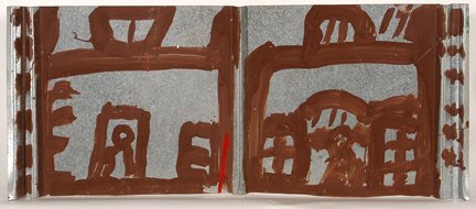 Mary T. Smith. Two Houses.: Mary T. Smith. Two Houses. c. 1980’s. Enamel on tin. Signed on verso. Provenance: Cavin-Morris Gallery. Excellent condition. 26” w x 11” h. Est. $100-200. Ship: $35