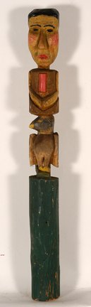 Man With Eagle Totem.: Man With Eagle Totem. Carved wooden post with paint. Not signed. Great condition. 36”h. Est. $100-200. Ship: $65