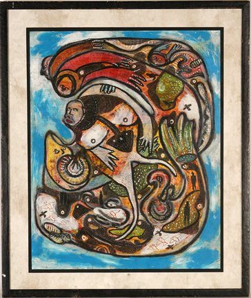 J.J. Cromer. Island.: J.J. Cromer. Island. 2001. Mixed media on paper. Size with frame is 25” w x 30” h. Provenance: Grey Carter Gallery and George and Sue Viener Collection. Est. $800-1,200. Ship: $45