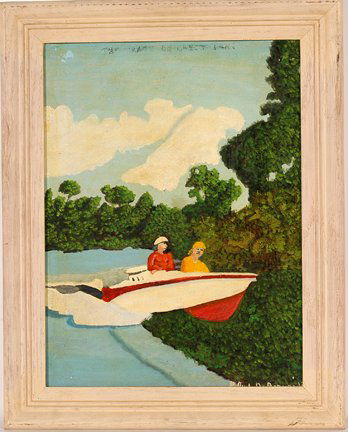 Anthony De Bernardin. Crash On Green Land.: Anthony De Bernardin. The Crash On Green Land. 1962. Oil on canvas panel. Signed and dated. Excellent condition. Size with frame is 15” w x 19”h. Est. $300-500. Ship: $35