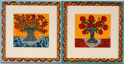 Sarah Rakes. Roses & Zinnias.: Sarah Rakes. Roses & Zinnias. 2010. Acrylic on paper. Signed and dated. Excellent condition. Each is 14” w x 14” h with artist decorated frame. Provenance: The Ted Oliver Collection. Est. $3