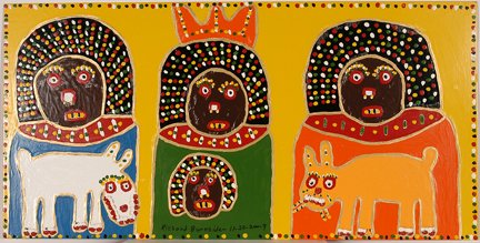 Richard Burnside. 3 Kings w Two Dogs.: Richard Burnside. Three Kings With Two Dogs. 2009. Oil paint with pinecone decorations on board. Signed and dated. Excellent condition. 48” w x 24”h. Est. $800-1,200. Ship: $85