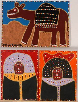 Richard Burnside. Camel & 2 Kings.: Richard Burnside. Camel and Two Kings. Oil, sand and pinecones on board and canvas. Signed. Excellent condition. 36” x 24” and 24” x 18”. Est. $500-800. Ship: $65