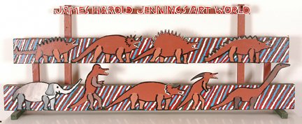 James Harold Jennings. Art World w Dinosaurs.: James Harold Jennings. Art World With Dinosaurs & Elephant. Paint on cut wood construction. 40” x 15.5” x 5.5”. Very good condition. Est. $300-500. Ship: $75