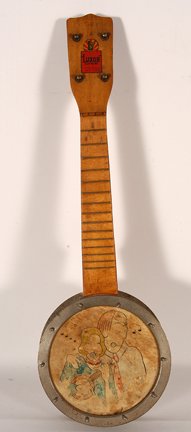 Luxor Ukulele. Couple Singing.: Luxor Ukulele. Couple Singing. Signed, “DOT.” Wood, metal and skin. Minor cut and skinning, otherwise good condition. 21”h x 7”. Est. $200-400. Ship: $35