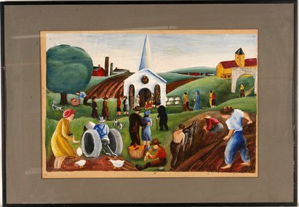 A. Miller. The Working & Praying.: A. Miller. The Working & Praying. c. 1940’s. WPA inspired. Paint on paper. Signed. Some water stains on upper right. Minor tear middle left, otherwise good condition. Image is 25” w x 17” h. Fra