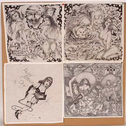 TX Chicano Prison Art Panos.: TX Chicano Prison Art Panos. Four Erotic Panos. Ink on handkerchiefs. Highly detailed works featuring mostly nudes. Signed. 1999. Excellent condition. 14” x 14” each. Est. $400-600. Ship: $25