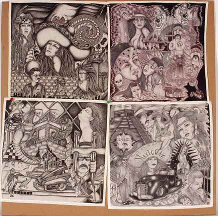 TX Chicano Prison Art Panos. Four Panos.: TX Chicano Prison Art Panos. Four Panos. Images include snakes and women. c. 1999. Ink on handkerchiefs. Each is 14” x 14’”. Excellent condition. Est. $400-600. Ship: $25