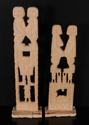 Rev. Herman Hayes. Pair Totems.: Rev. Herman Hayes. Pair of Rubbing Bellies Totems. Carved balsa wood. Not signed. Excellent condition. Largest is 11” x 3” x 2”. Provenance: The Ted Oliver Collection. Est. $200-300. Ship: $35