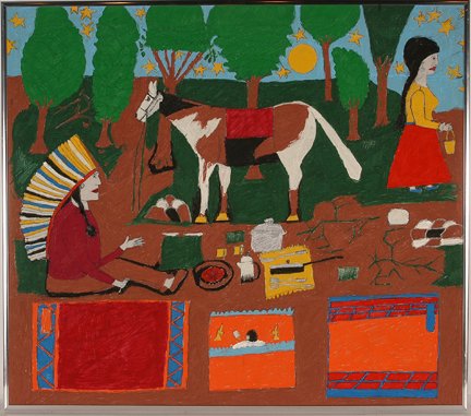 Floretta Warfel. Indian Camp.: Floretta Warfel. Indian Camp. Embroidery pen on bed sheet. Initialed. Excellent condition. 25” w x 22”h. Provenance: The George and Sue Viener Collection. Est. $300-400. Ship: $55