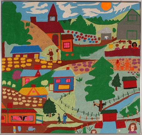 Floretta Warfel. Country Scene.: Floretta Warfel. Country Scene. Embroidery pen on bed sheet. Initialed. Excellent condition. 39” w x 37”h. Provenance: The George and Sue Viener Collection. Est. $400-600. Ship: $85