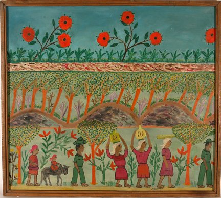 Haitian Artist. Women Carrying Jugs.: Unknown Haitian Artist. Women Carrying Jugs. c. 1960’s. Paint on masonite. Signature has scratch through it, illegible, othewise great condition. 37” x 33” h. Provenance: The Leo Rabkin Collecti