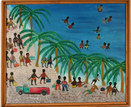 E. Chavannes. Belle Journee.: E. Chavannes. Belle Journee Chez Nus Sur Nutre Playe. c. 1970’s. Paint on masonite. Signed, titled and dated. Excellent condition. Size with frame is 25” w x 20” h. Provenance: The Leo Rabkin Co