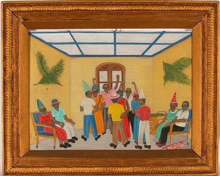Michael Obin. Haitian Party.: Michael Obin. Haitian Party. c. 1960’s. Paint on masonite. Signed. Size with frame is 21” x 17”. Great condition. Provenance: The Leo Rabkin Collection to benefit the High Museum of Art, Atlanta