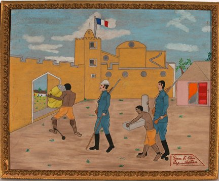 Gierr F. Obin. Haitian Prisoners.: Gierr F. Obin. Haitian Prisoners. c. 1960’s. Paint on masonite. Signed. Excellent conditio. Size with frame is 21” w x 17” h. Provenance: The Leo Rabkin Collection to benefit the High Museum of 