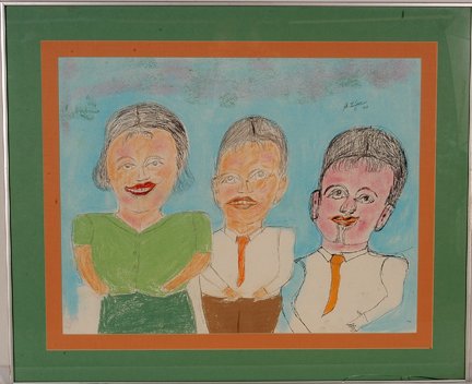 S.L. Jones. Girl With Two Guys.: S.L. Jones. Girl With Two Guys. Ink and pastel on paper. Signed and dated, 2002. Image is 22” w x 17”h. Matted and framed, 28” x 24”. Excellent condition. Est. $300-500. Ship: $45