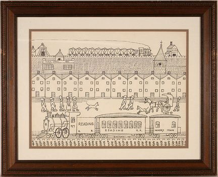 Jack Savitsky. Miner Train Through Town.: Jack Savitsky. Miner Train Through Town. 1975. Graphite and marker on paper. Signed and dated. Excellent condition. 32”w x 26”h with frame (large). Provenance: The Florida Folk Art Museum. Est. $4