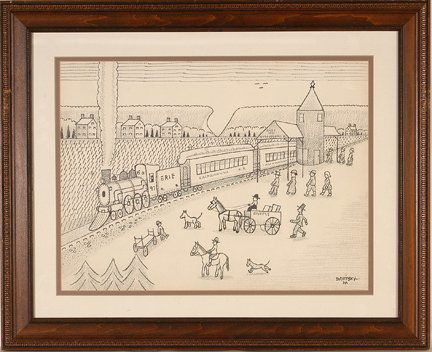 Jack Savitsky. Lackawanna Railroad Train.: Jack Savitsky. Lackawanna Railroad Train. 1975. Graphite and marker on paper. Signed and dated. Excellent condition. 32”w x 26”h with frame (large). Provenance: The Florida Folk Art Museum. Est. $