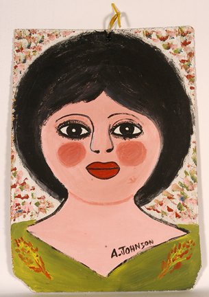 Anderson Johnson. Woman In Green.: Anderson Johnson. Woman In Green. Paint on found paneling. Signed. Great condition. 18” w x 25”h. Provenance: The George and Sue Viener Collection. Est. $300-500. Ship: $40