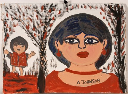 Anderson Johnson. Mother & Child In Red.: Anderson Johnson. Mother & Child In Red. Paint on cardboard. Signed. Excellent condition. 31”x 21”h. Provenance: The George and Sue Viener Collection. Est. $300-400. Ship: $45