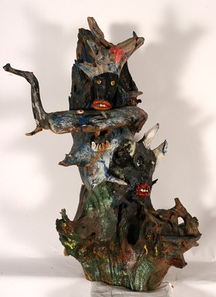 Bessie Harvey. Large Root Sculpture.: Bessie Harvey. Large Root Sculpture. Paint, glitter, seashells, costume jewelry on found root. Signed. Good to excellent condition. 24” x 20” x 37” h. Est. $1,000-2,000. Buyer is responsible for
