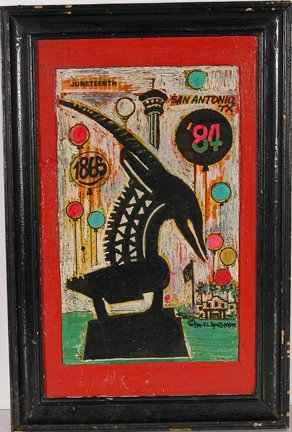 F.L. Doc Spellmon. San Antonio, TX.: F.L. Doc Spellmon. San Antonio, TX. 1984. Mixed media on artist panel. Signed and dated. Excellent condition. 12.5” x 19”. Est. $300-400. Ship: $35