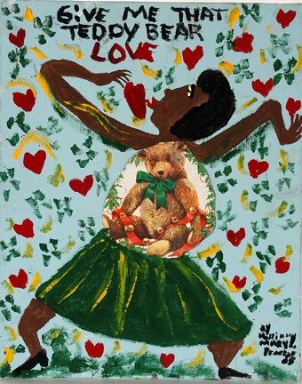 Mary Proctor. Give Me Teddy Bear Love.: Mary Proctor. Give Me That Teddy Bear Love. Acrylic and mixed media on canvas panel. Signed. Great condition. Sight warping. 16” w x 20” h. Provenance: Ted Oliver Collection. Est. $100-200. Ship: 