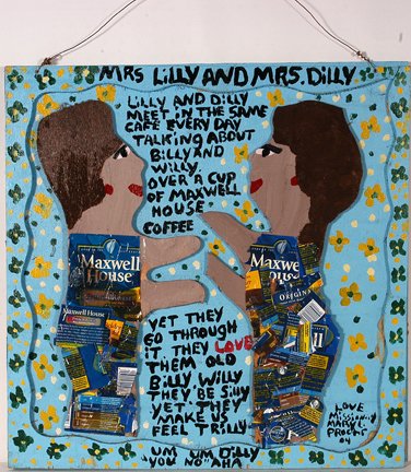 Mary Proctor. Mrs. Lilly and Mrs. Dilly.: Mary Proctor. Mrs. Lilly and Mrs. Dilly. 2004. Paint and mixed media on board. Signed and dated. Excellent condition. 24” w x 24”h. Provenance: The Ted Oliver Collection. Est. $200-300. Ship: $45
