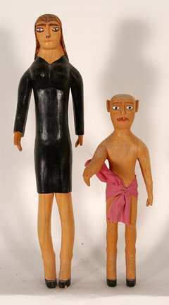 Sultan Rogers. Woman In Black & Man In Heels.: Sultan Rogers. Woman In Black & Man In Heels. Carved and painted wood. Woman is signed. Her left foot has a repair, otherwise great condition. Tallest is 15”h. Est. $200-400. Ship: $40