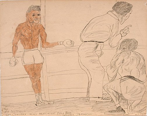 Justin McCarthy. Floyd Patterson Wins Title.: Justin McCarthy. Floyd Patterson Wins Title. Signed. Ink and crayon on paper. 28” w x 22”h. Est. $200-300. Ship: $45