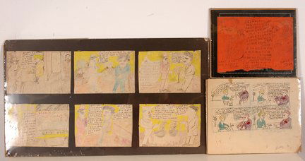 Justin McCarthy. Storyboards.: Justin McCarthy. Storyboards. One is a six panel comic strip style presentation. Ink, crayon and colored pencil on paper. Three groupings. Largest is 24” w x 14”h. All are shrinkwrapped. They all