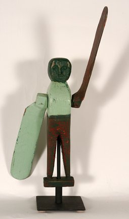 Anonymous. Paddle Arm Man Whirligig.: Anonymous. Paddle Arm Man Whirligig. c. 1900’s. Carved wood with some early original paint with nice gatoring. Excellent condition. Works well. 22.5” x 8”. Provenance: The George and Sue Viener 
