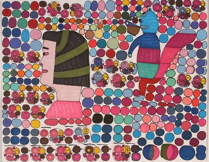 Regina Broussard. Woman w Squirrel.: Regina Broussard. Woman With Squirrel. 2001. Marker and watercolor on paper. Signed and dated. Provenance: Creative Growth Art Center, Oakland, CA. Excellent condition. 29” w x 23”h. Est. $200-300