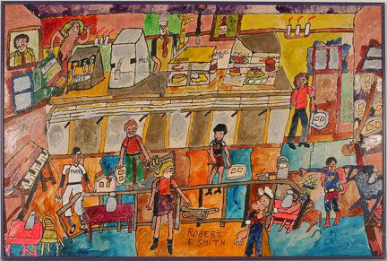 Robert E. Smith. Cafeteria w Famous People.: Robert E. Smith. Cafeteria With Famous People. Watercolor and paint on cardboard. Signed. Excellent condition. 30” w x 28”h. Est. $200-400. Ship: $45
