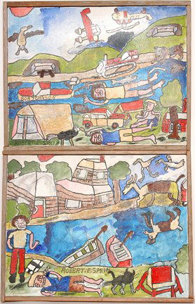 Robert Smith. Two Small River Scenes.: Robert Smith. Two Small River Scenes. Fisherman and Suppliers of Fishing Trips. Each comes with a page of info written by artist. Acrylic on canvas. Signed. 19” w x 15”h with frame. Excellent cond