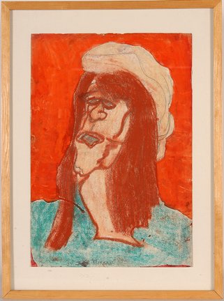 Ike Morgan. Man With Hat.: Ike Morgan. Man With Hat. Crayon, pencil and paint on paper. Signed. Excellent condition. Image is 12.5” w x 18” h. Frame is 17” w x 23”h. Provenance: The George and Sue Viener Collection. Est