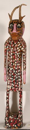 Homer Greene (attrib). Horned Beast.: Homer Greene (attrib). Horned Beast. Carved wood, paint, deer antlers and plastic eyes. Not signed. Minor natural wood split in back of head, otherwise great condition. 39” x 7” x 7”. Est. $300-