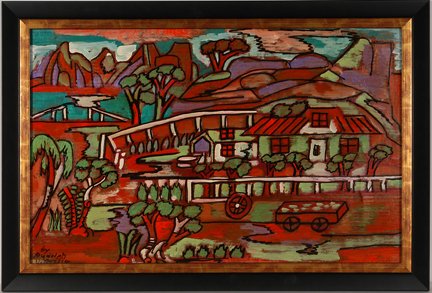 Rudy Bostic. Mexican Ranch.: Rudy Bostic. Mexican Ranch. Mixed media and paint on cardboard. Signed. Excellent condition. Size with frame is 32” w x 22” h. Provenance: The Ted Oliver Collection. Est. $200-300. Ship: $65