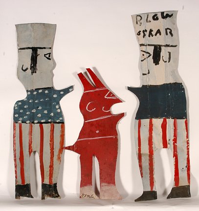 R.A. Miller. Devil & Two Blow Oskars.: R.A. Miller. Devil Sandwiched Between Two Blow Oskars. Paint on cut tin. Signed. Good condition. Tallest is 41”h. Est. $100-200. Ship: $65