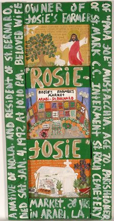 A.J. Boudreaux. The Lie & Death of Rosie.: A.J. Boudreaux. The Lie and Death of Rosie. c. 1992. Paint on wooden board. Not signed. Excellent condition. 21” x 41”. Est. $300-500. Ship: $65