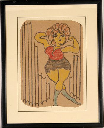 Lewis Smith. Muscle Woman.: Lewis Smith. Muscle Woman. Crayon on paper bag. Not signed. Excellent condition. Image is 12” x 16”. Frame is 19”w x 25”h. Est. $200-300. Ship: $45