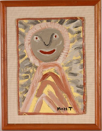 Mose Tolliver. Figure On Yellow.: Mose Tolliver. Figure On Yellow Background. Oil on cardboard. 12” w x 16”h including frame. Acquired from Sotheby’s 1997. Excellent condition. Signed. Est. $300-500. Ship: $35